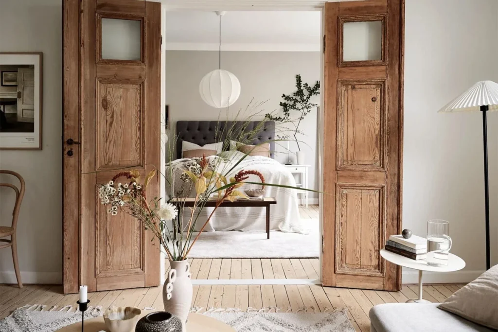 Sala e quarto Boho Escandinavo com portas de madeira, móveis claros e decoração minimalista com detalhes naturais.