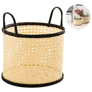 Cesto de Rattan com Palhinha e Alças Pretas Organização Sofisticada e Natural
