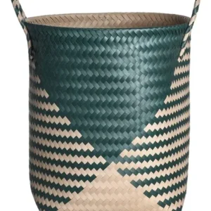 Cesto Redondo Tramado de Fibra Natural Verde e Palha Estilo Boho