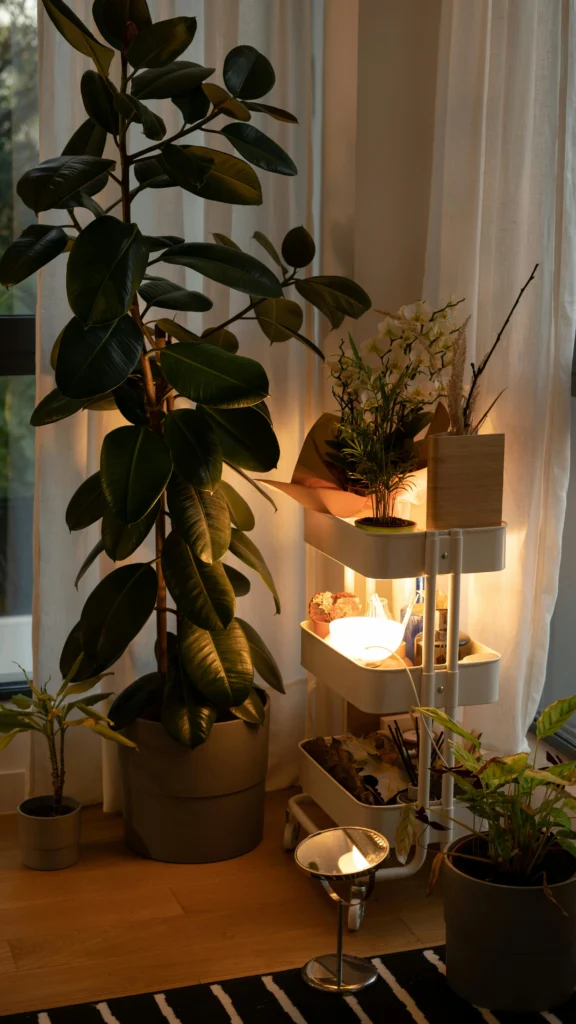 Ficus elastica em vaso grande ao lado de estante iluminada com outras plantas e objetos decorativos em sala com cortinas brancas