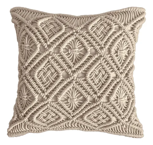 Almofada decorativa em macramê bege com trama artesanal estilo boho