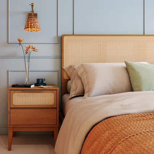 Cabeceira de cama em madeira com palhinha natural estilo boho chic