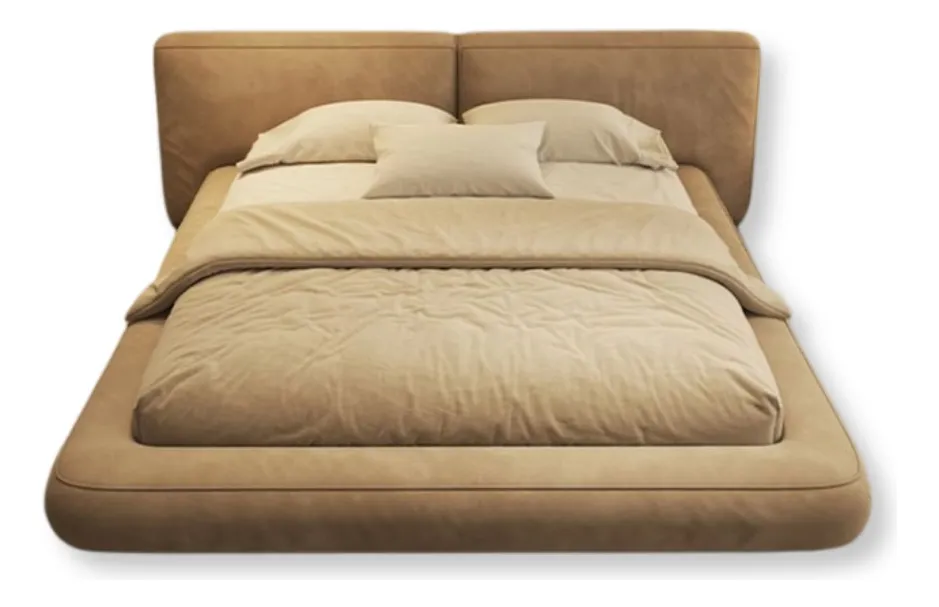 Cama com cabeceira estofada moderna em bege e estrutura estofada integrada