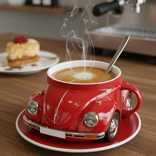 Caneca de café em formato de carro retrô vermelho com prato e colher, usada como peça divertida e estilosa em uma cozinha Boho.