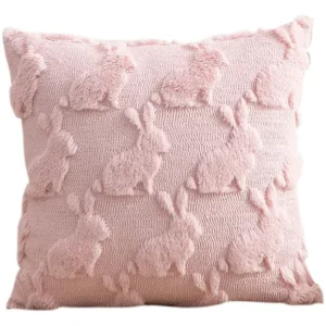 Capa de Almofada Boho Rosa com Relevo de Coelhinhos