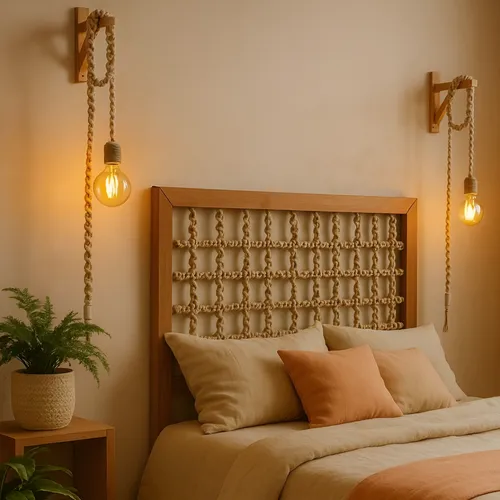 Kit com duas luminárias pendentes em macramê natural ao lado da cama de casal