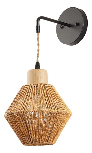 Lustre de parede em corda natural com detalhe em madeira e suporte preto