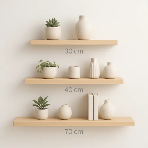Prateleiras de madeira de 30 cm, 40 cm e 70 cm fixadas na parede, decoradas com vasos de cerâmica e plantas, perfeitas para uma cozinha Boho organizada e charmosa.