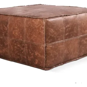 Puff Quadrado Em Couro Legítimo Estilo Boho