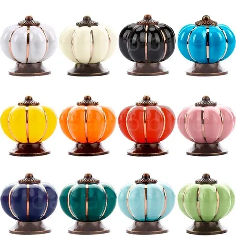 Conjunto de puxadores coloridos em porcelana, formato de abóbora, perfeitos para dar um toque criativo e artesanal à cozinha Boho.