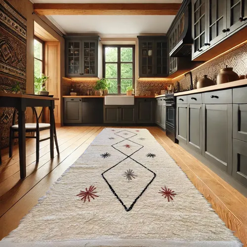Cozinha Boho com armários cinza e tapete retangular claro com bordados geométricos coloridos, trazendo aconchego e charme ao ambiente.