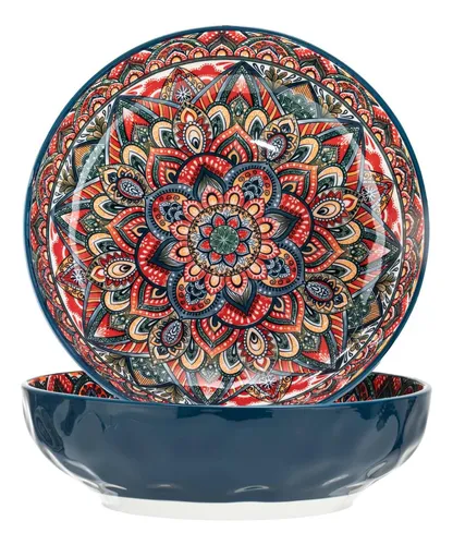 Tigela artesanal grande com estampa mandala colorida em vermelho, azul e dourado, perfeita para compor a cozinha Boho com estilo vibrante.