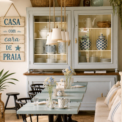 Sala de jantar com decoração boho praiana, móveis de madeira, armário azul claro e detalhes naturais em uma casa com cara de praia.