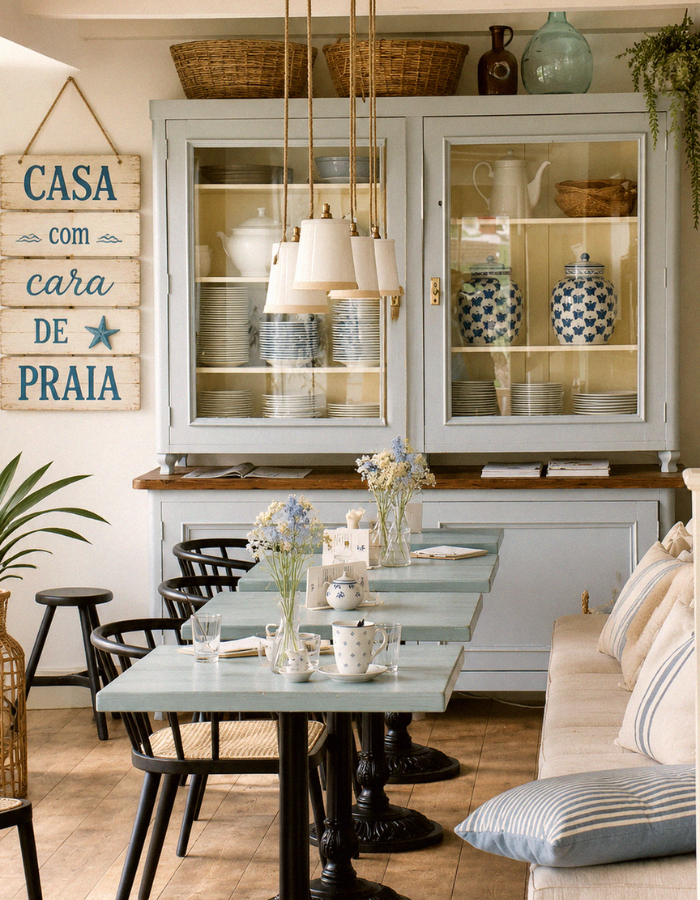 Sala de jantar com decoração boho praiana, móveis de madeira, armário azul claro e detalhes naturais em uma casa com cara de praia.