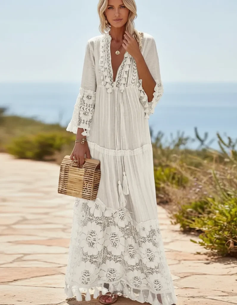 Vestido longo branco em renda floral com tassels, estilo look praia boho mediterrâneo.