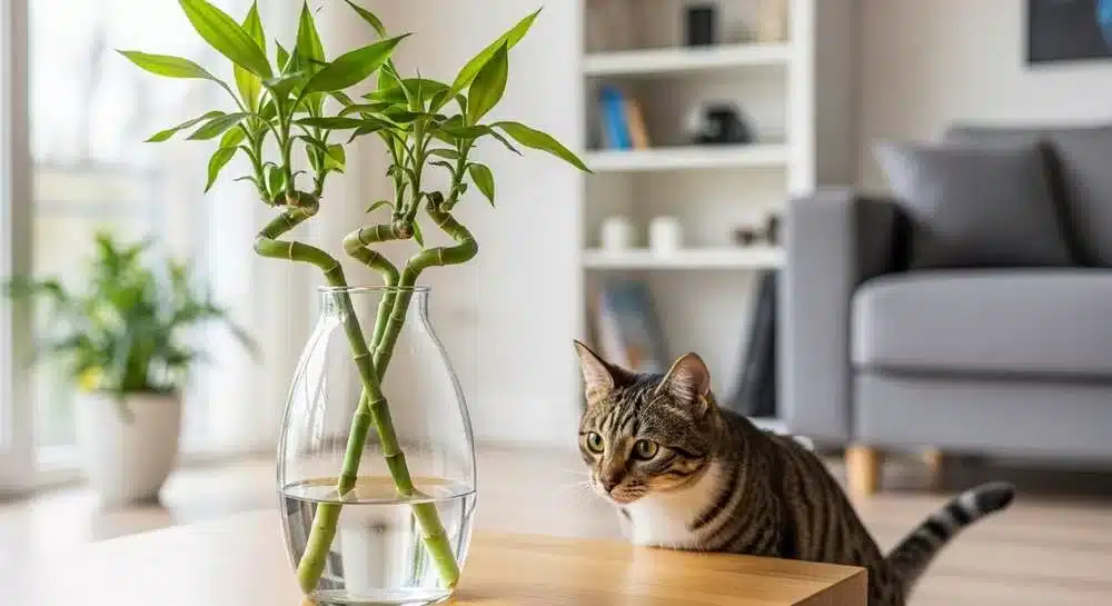 gatinho se aproximando de um vaso de vidro com a planta bambu da sorte em uma sala de estar