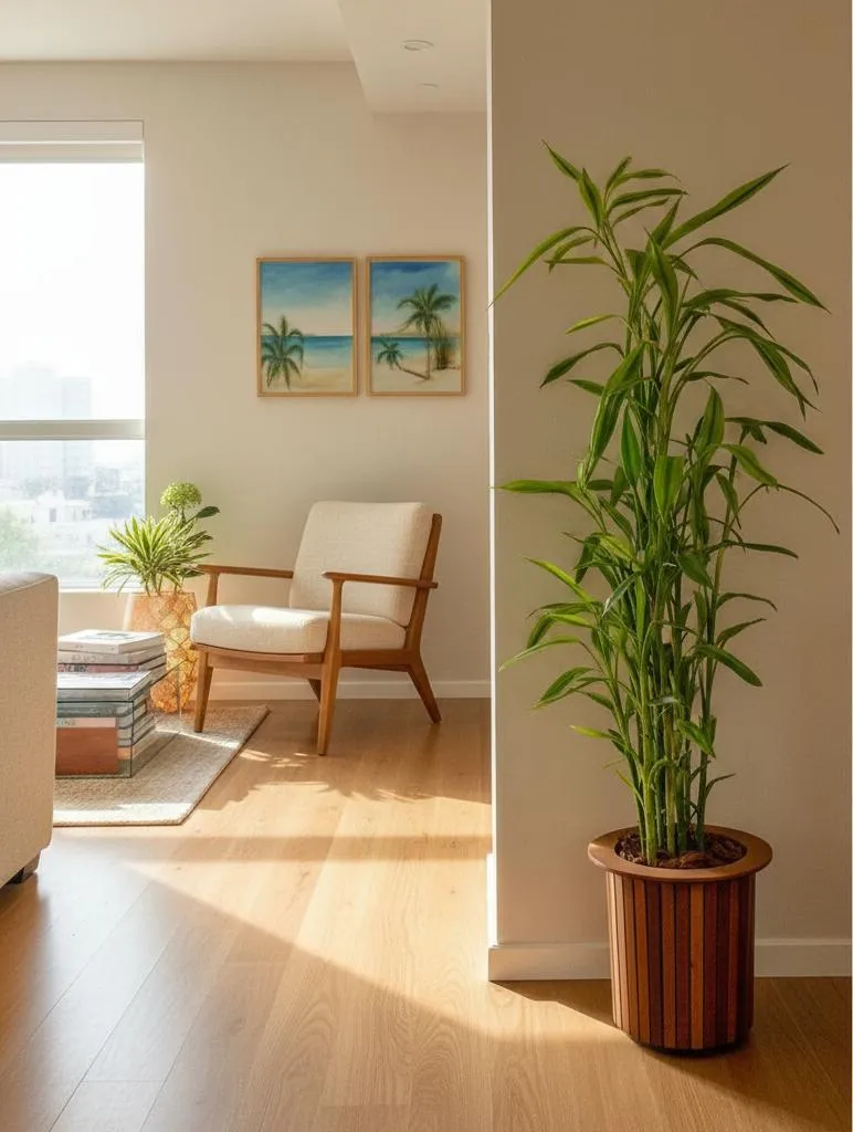 vaso de bambu da sorte plantado em terra numa sala de estar